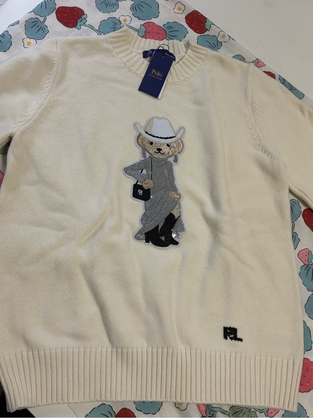 Polo by Ralph Lauren Cream Sweater with Sequin Bear Cowboy Applique